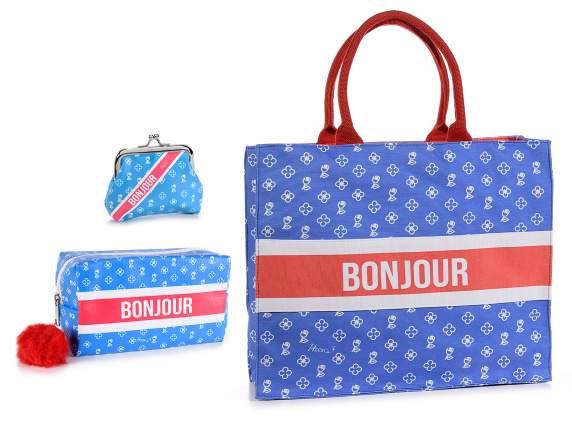 Blue tote bag, pencil case and purse set with `` Bonjour ''